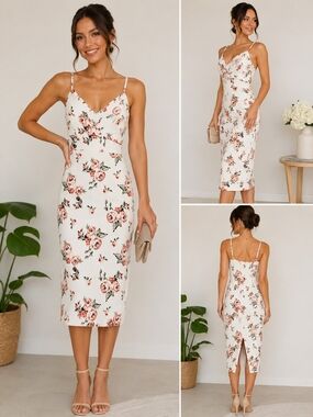 Riley & James Floral Midi Dress Size M Sleeveless Spaghetti Strap Pink Rose